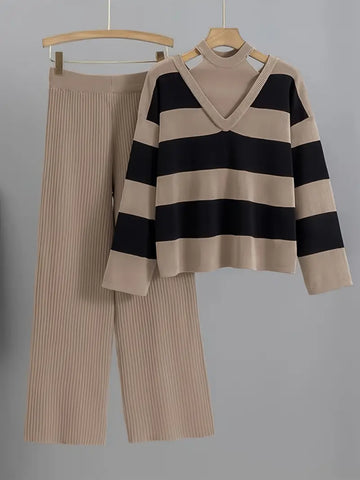 Ensemble tricot rayé femme col montant pantalon côtelé - confort optimal - MAX FOR ME