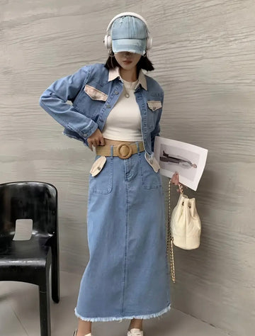 Ensemble veste et jupe en jean avec détails contrastés pour un style urbain moderne