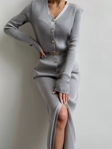Robe en maille col V boutonnage simple longue -