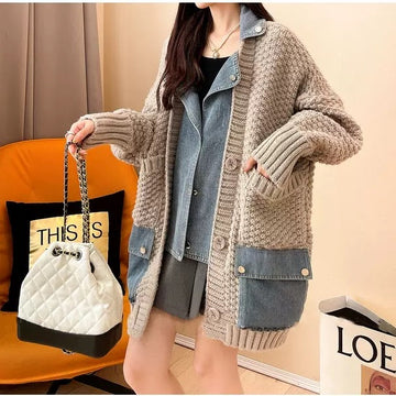 Cardigan ample femme maille et denim collection Max oversize - Style décontracté chic automne-hiver