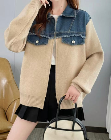 Cardigan femme denim et maille oversize automne-hiver Max for Me - Style urbain créatif