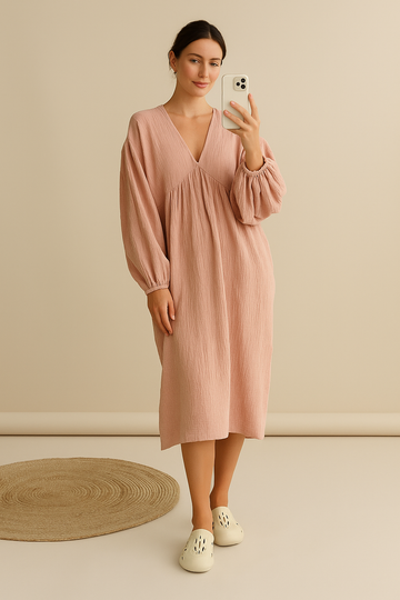 Langes Strandkleid aus Baumwolle und Leinen – V-Ausschnitt – Fließend und leicht