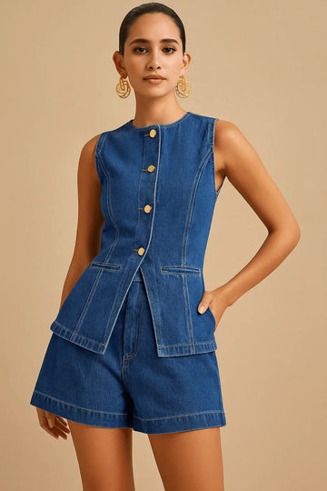 Ensemble 2 pièces en denim – Top à boutonnage simple & short taille haute