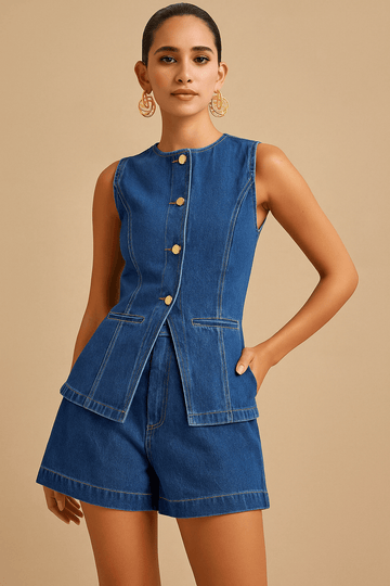 Ensemble 2 pièces en denim – Top à boutonnage simple & short taille haute