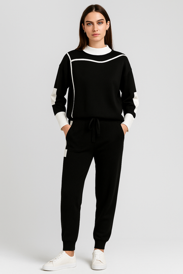 Ensemble K-fashion sweat col contrasté pantalon coordonné bicolore - style coréen moderne - MAX FOR ME