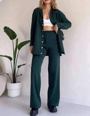 Ensemble deux pièces tricot côtelé - cardigan boutonné et pantalon large - MAX FOR ME