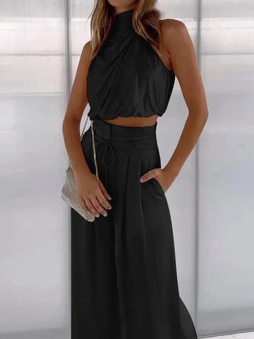 Ensemble féminin en deux pièces - Crop Top sans manches et pantalon large à tête haute - ajustement élégant
