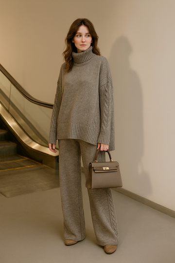 Ensemble tricot col montant pull pantalon côtelé hivernal cocooning MAX FOR ME