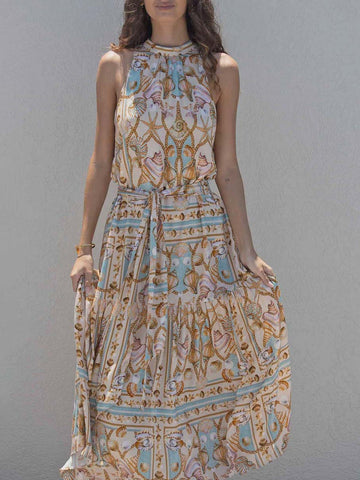 Robe longue satinée imprimé océan - élégance fluide pour toutes occasions