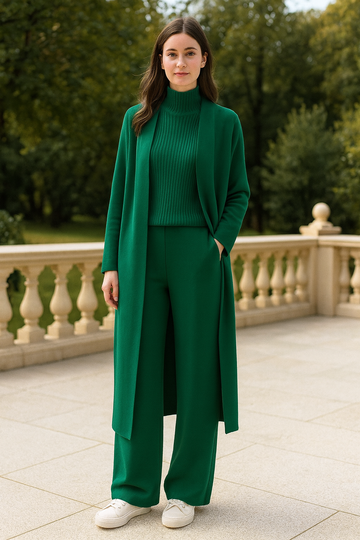 Dames ensemble groen 3-delig - coltrui lange cardigan en wijde broek totaal verfijnde look