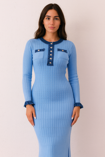 Robe femme bleue maille côtelée - empiècements jean et coupe cintrée élégante