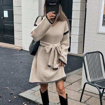 Robe pull en tricot à manches longues coupe ample avec ceinture style automne hiver - MAX FOR ME