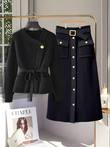 Dames gebreide set 2-delig coltrui smaragdgroen - moderne gecoördineerde elegantie