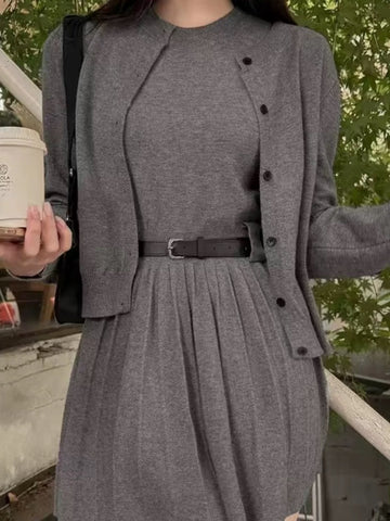 Ensemble robe tricot veste femme style preppy ceinture - tenue complète