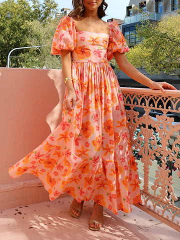 Robe longue smockée manches bouffantes imprimée - charme vintage à poches