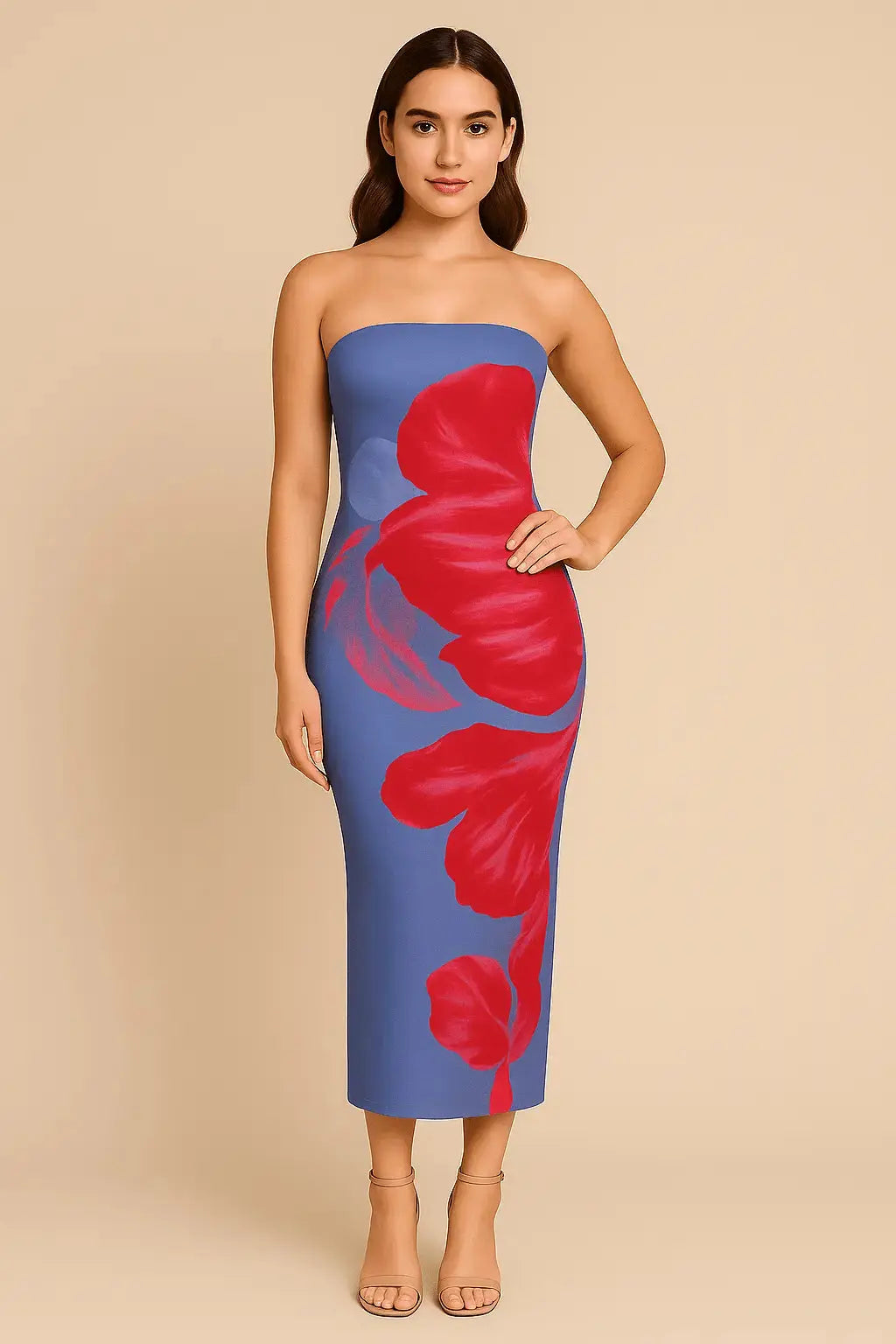 Robe Longue Fleurie Contrastée – Épaules Dénudées MAX FOR ME