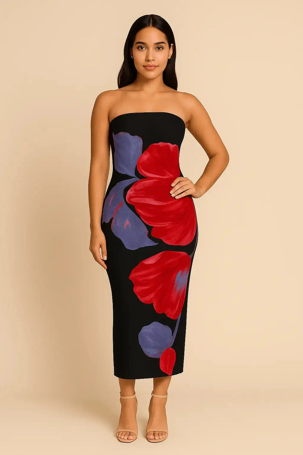 Robe Longue Fleurie Contrastée – Épaules Dénudées MAX FOR ME