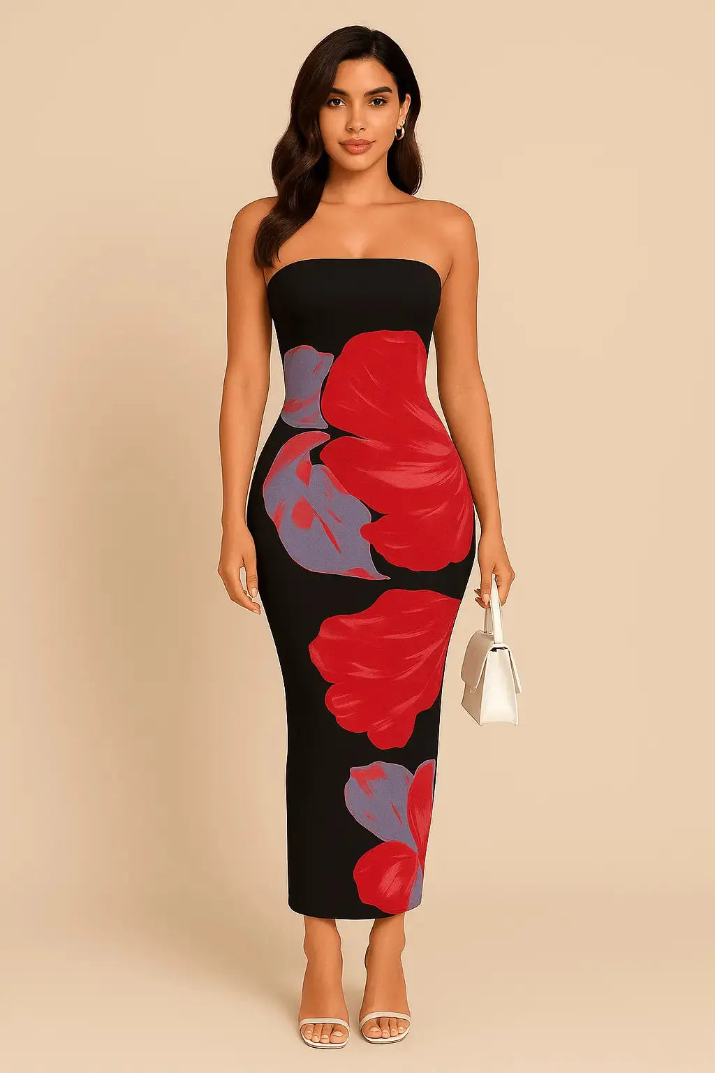 Robe Longue Fleurie Contrastée – Épaules Dénudées MAX FOR ME