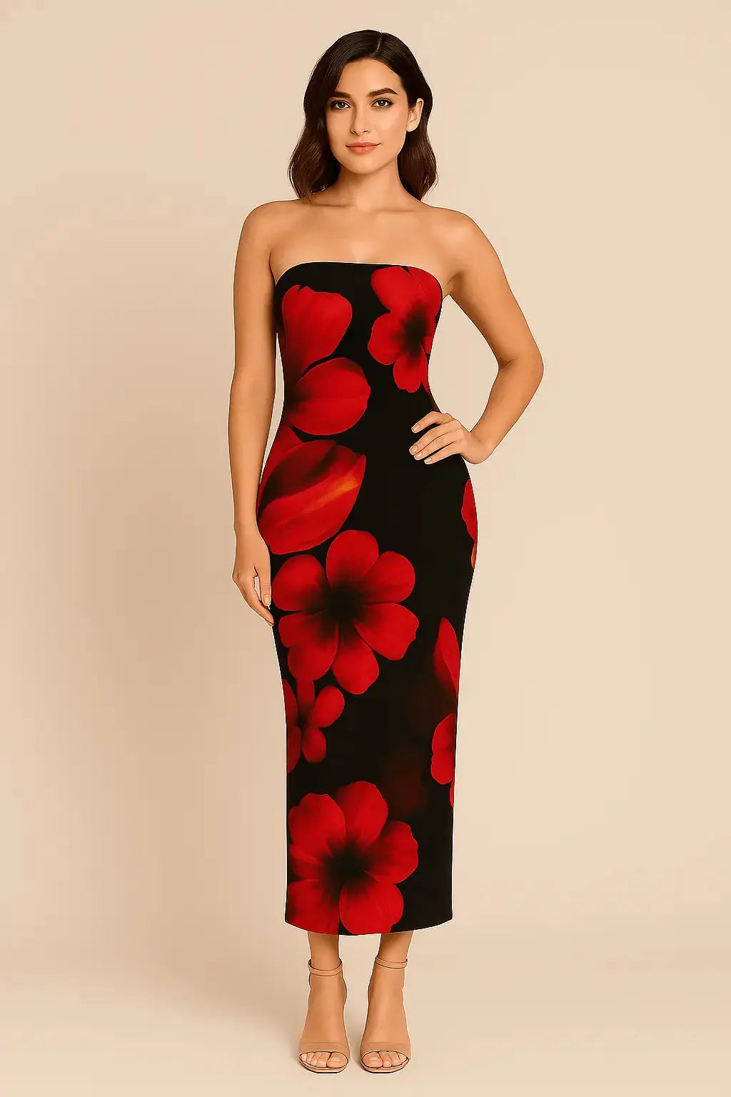 Robe Longue Fleurie Contrastée – Épaules Dénudées MAX FOR ME