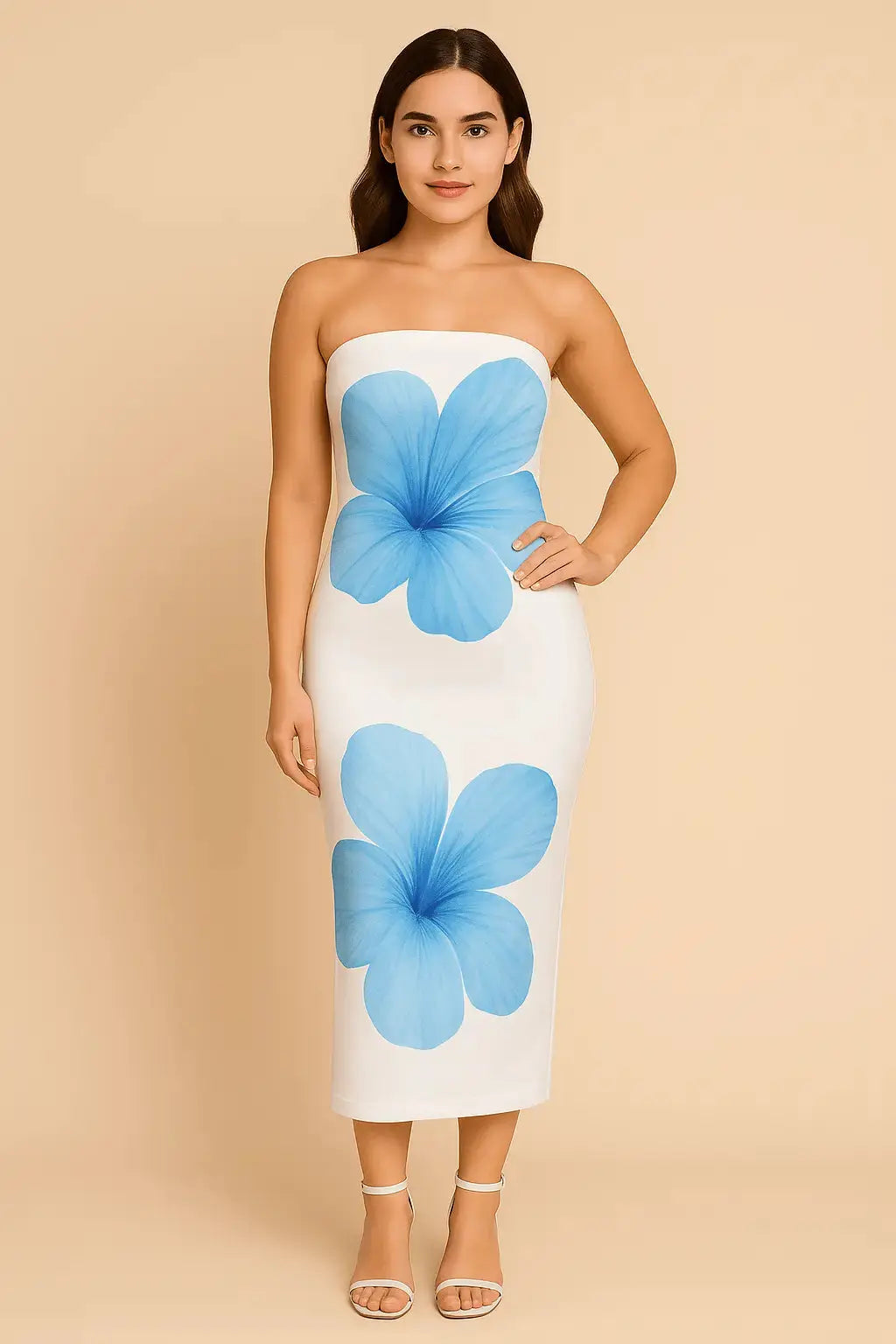 Robe Longue Fleurie Contrastée – Épaules Dénudées Bleu Azur / S MAX FOR ME