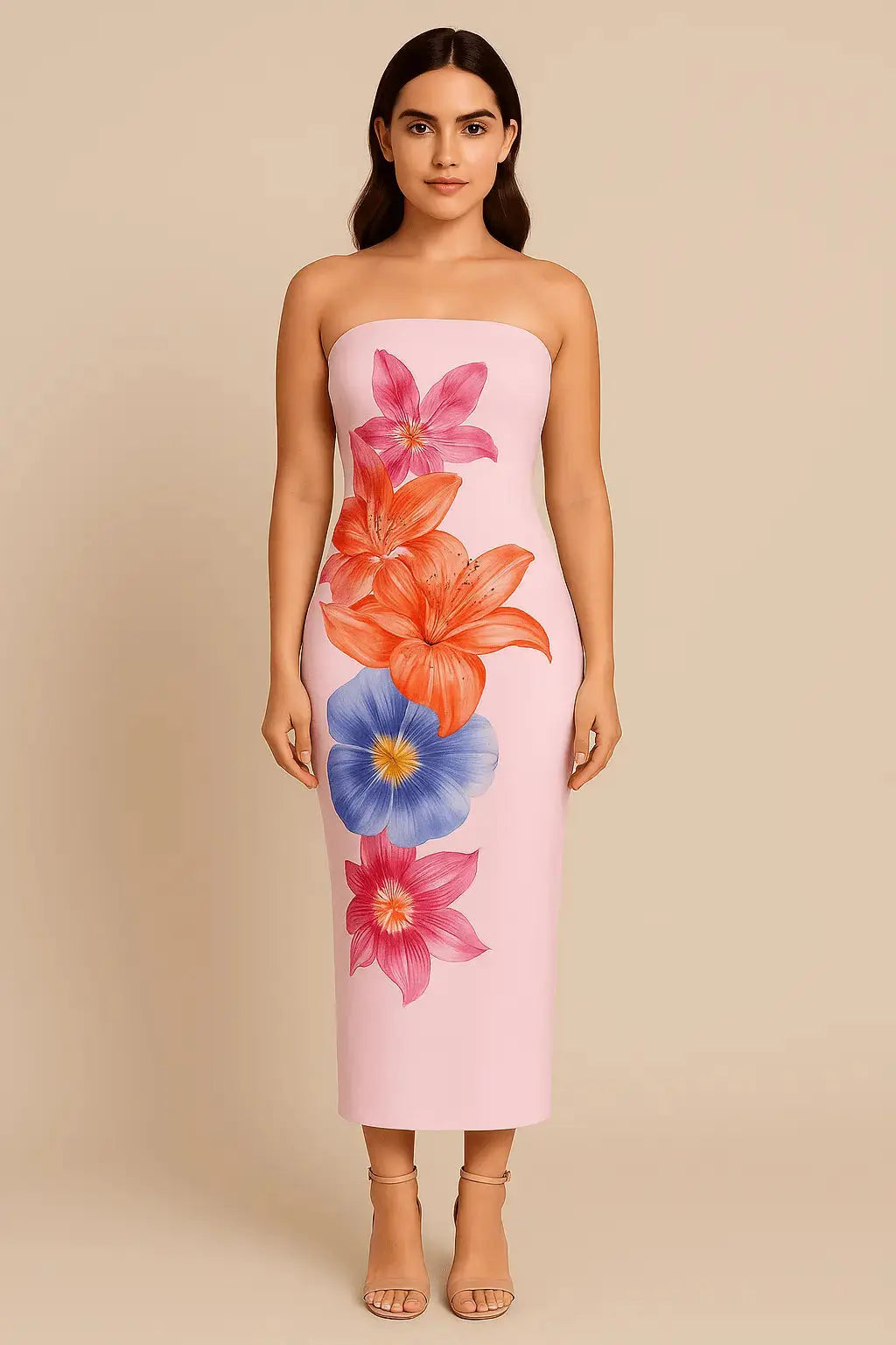 Robe Longue Fleurie Contrastée – Épaules Dénudées Rose Bubblegum / S MAX FOR ME