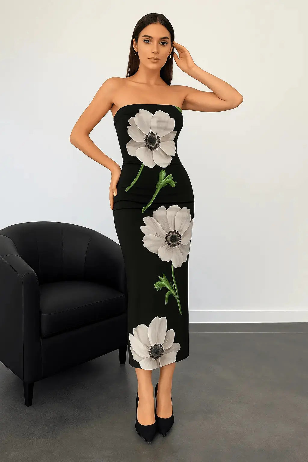 MAX FOR ME Hauts pour femmes Robe Longue Fleurie Contrastée – Épaules Dénudées