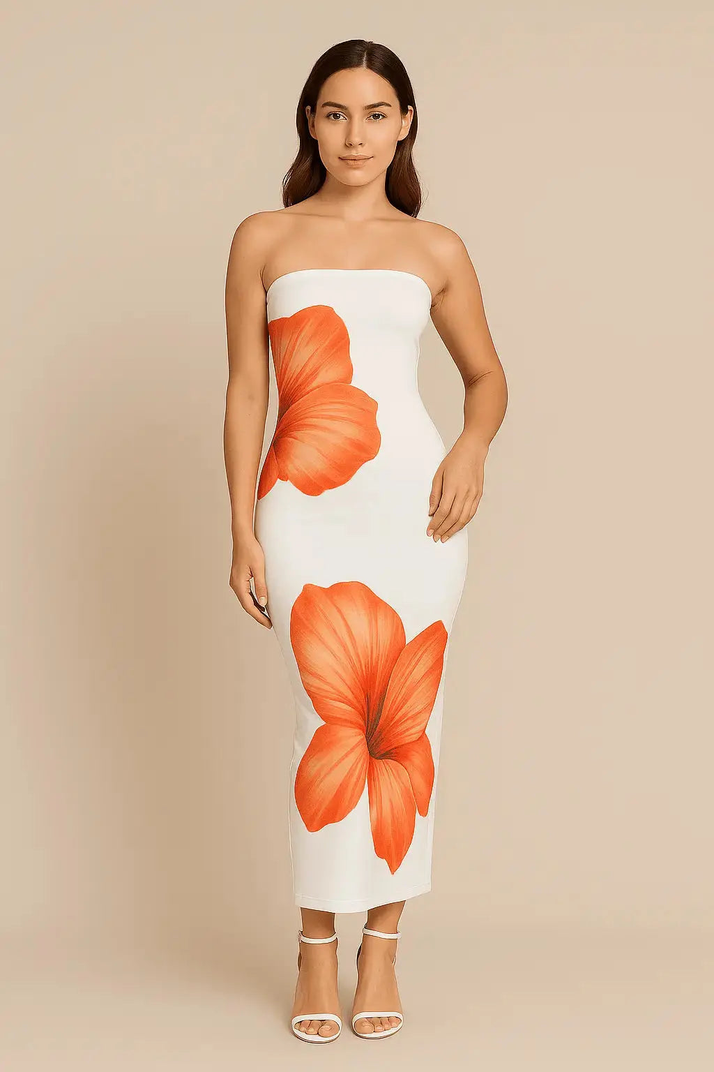Robe Longue Fleurie Contrastée – Épaules Dénudées MAX FOR ME