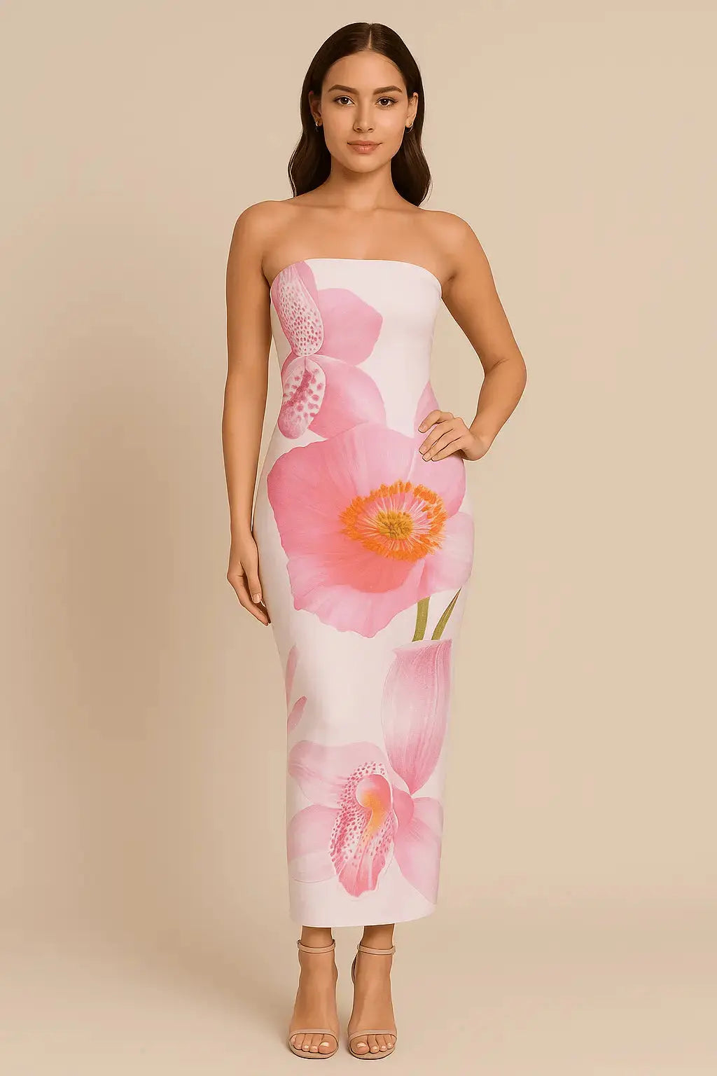 Robe Longue Fleurie Contrastée – Épaules Dénudées Rouge Nuit / S MAX FOR ME