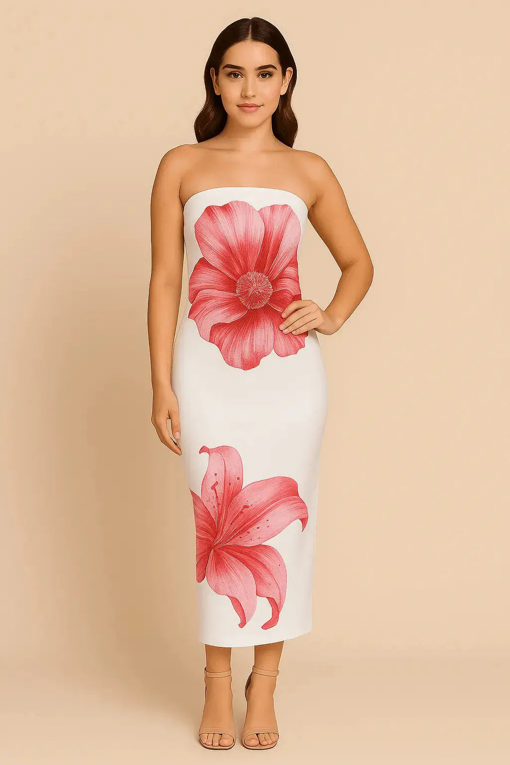 Robe Longue Fleurie Contrastée – Épaules Dénudées MAX FOR ME