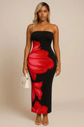 Robe Longue Fleurie Contrastée – Épaules Dénudées MAX FOR ME