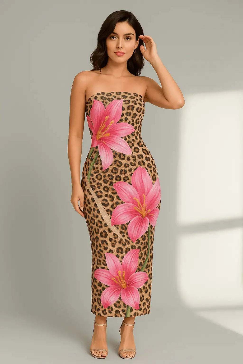 Robe Longue Fleurie Contrastée – Épaules Dénudées Léopard Sable / S MAX FOR ME