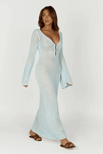 Robe Longue transprente en Crochet avec Manches Évasées