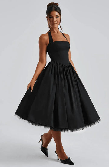Robe Midi Évasée Pin-Up Sans Manches à Col Halter