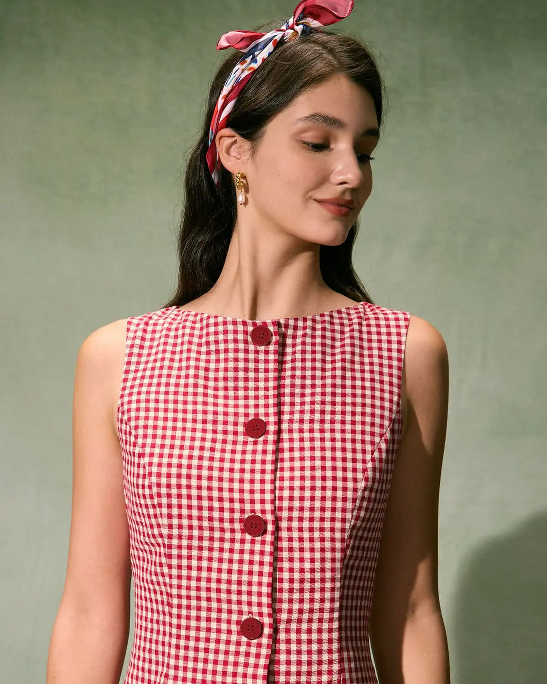 Robe Mini Rouge à Carreaux – Sans Manches, Coton Léger et Boutonnage Vintage MAX FOR ME