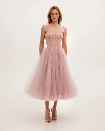 Robe de Soirée en Tulle Rose Poudré – Bustier Élégant MAX FOR ME