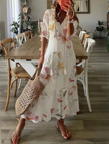 Robe longue fleurie bohème – manches bouffantes et décolleté en V
