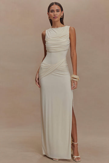 Robe longue silhouette – Fente élégante & dos drapé