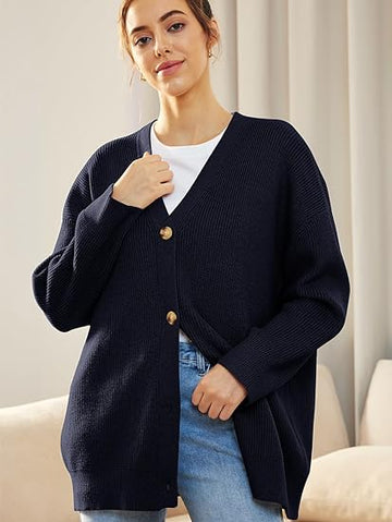 Cardigan col V coupe flatteuse femme bleu marine élégance MAX FOR ME