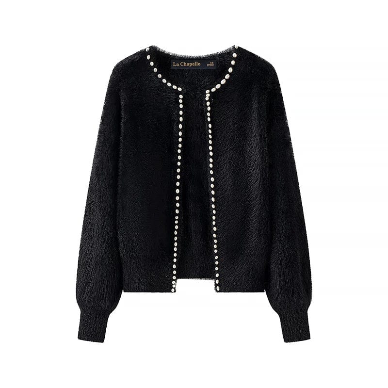 Cardigan col V femme bordure perlée élégance raffinée MAX FOR ME Noir / S MAX FOR ME