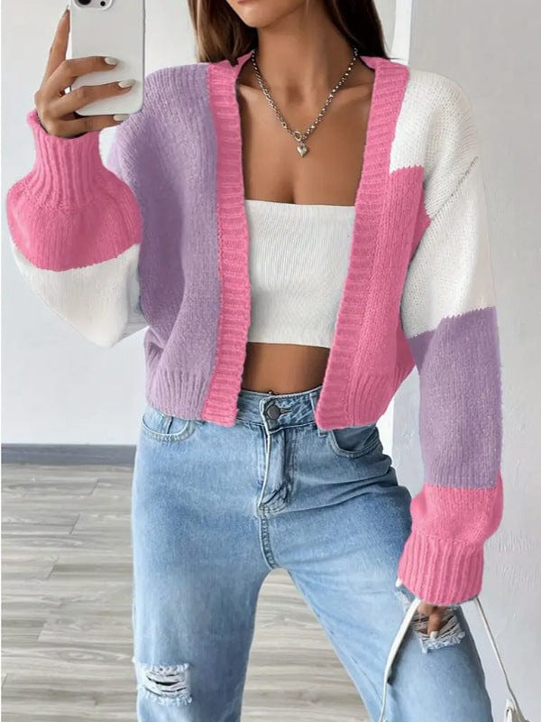 Cardigan gilet en maille tricolore à manches longues décontracté chic - MAX FOR ME Rose / S MAX FOR ME