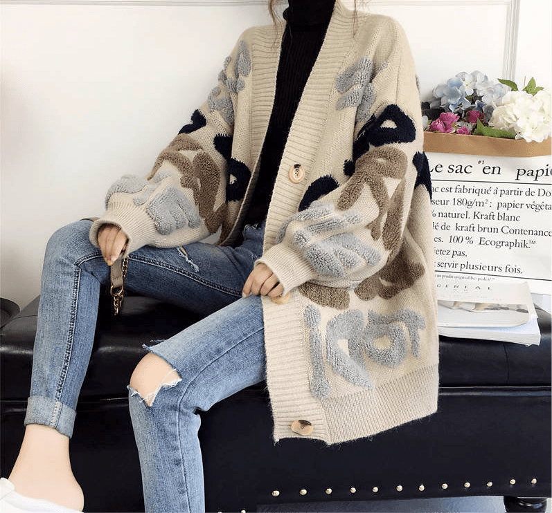 Cardigan laine oversize femme motif lettre style urbain MAX FOR ME Beige / S MAX FOR ME
