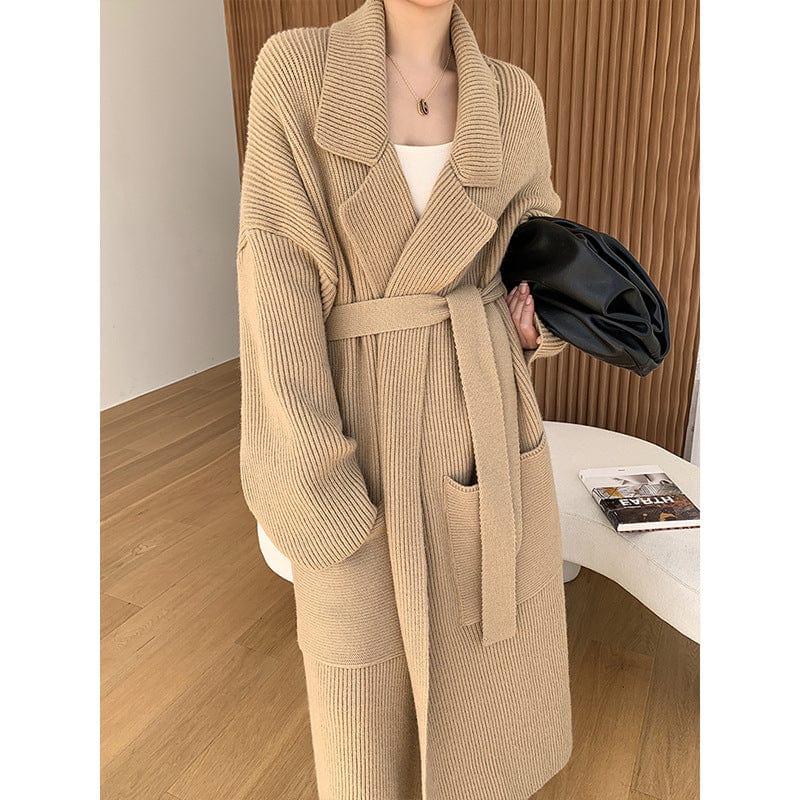 Cardigan long en maille pour femme - Robe confortable ceinturée avec col à revers - Style décontracté et chic pour l'automne/hiver Beige / Taille unique MAX FOR ME