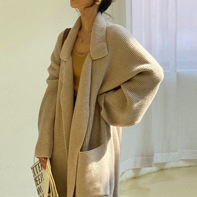 Cardigan long en maille pour femme - Robe confortable ceinturée avec col à revers - Style décontracté et chic pour l'automne/hiver Beige / Taille unique MAX FOR ME
