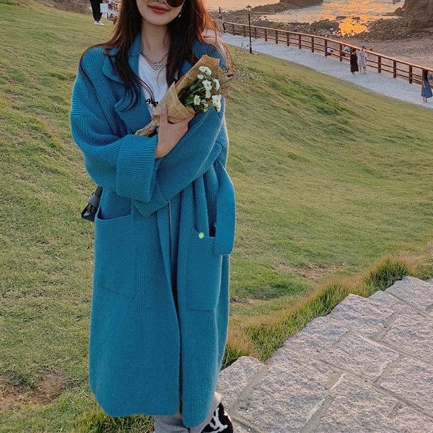 Cardigan long en maille pour femme - Robe confortable ceinturée avec col à revers - Style décontracté et chic pour l'automne/hiver Bleu / Taille unique MAX FOR ME