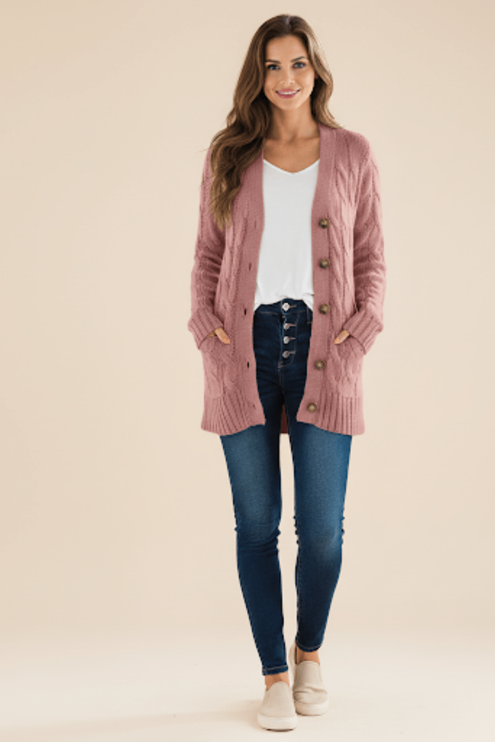 Cardigan long ouvert en maille pour femme style décontracté chic - MAX FOR ME Rose / S MAX FOR ME