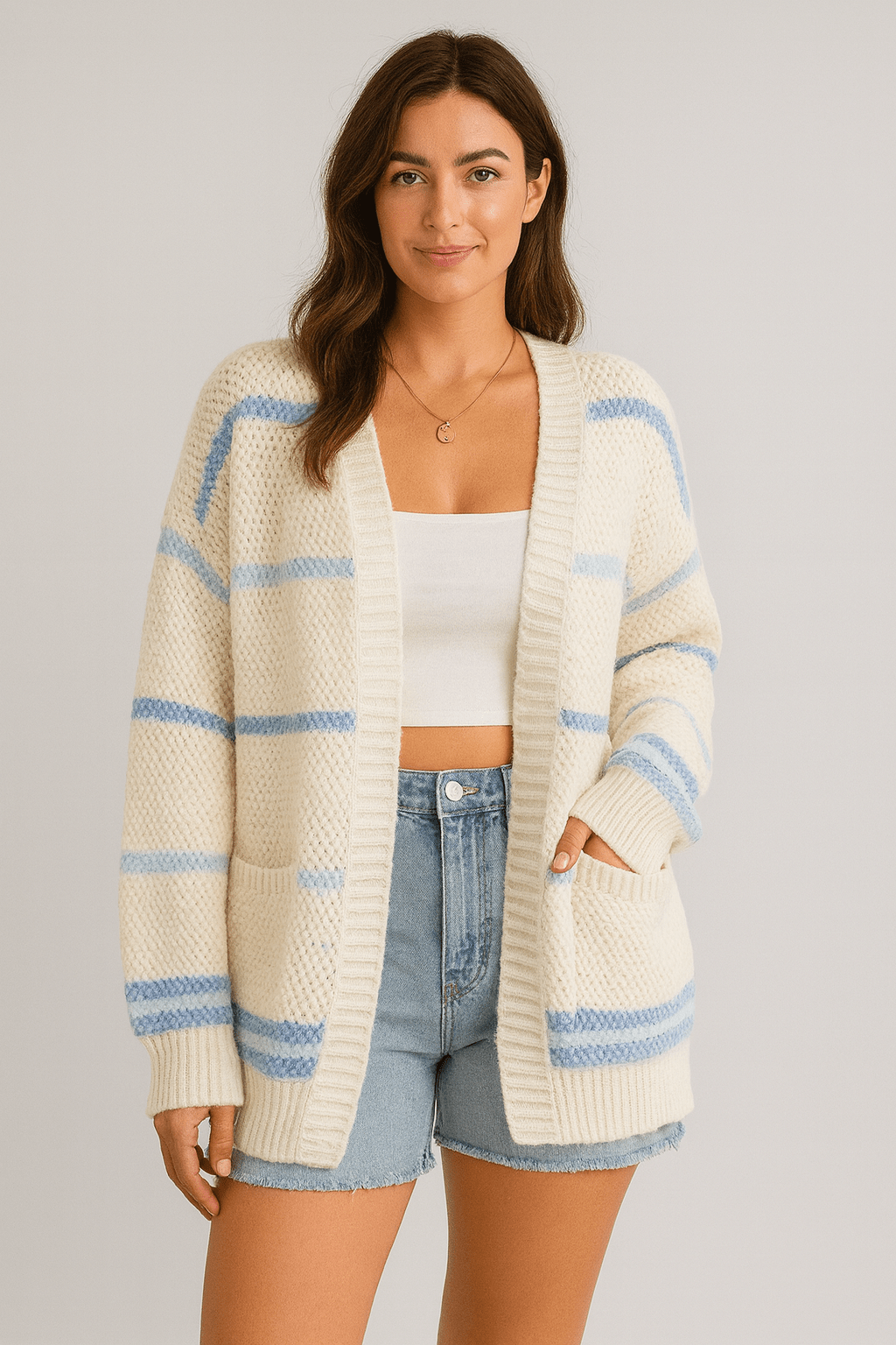 Cardigan rayé ouvert tricot décontracté layering moderne - couche stylée parfaite - MAX FOR ME Bleu clair / S MAX FOR ME