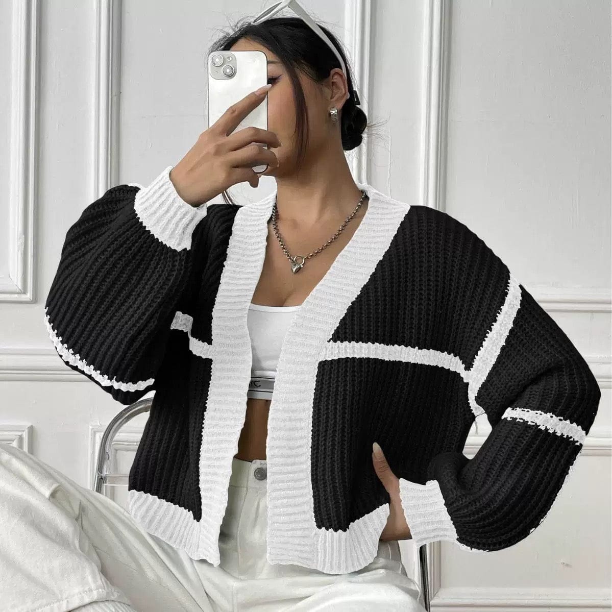 Cardigan structuré à bords contrastants - chic et moderne - MAX FOR ME Noir / S MAX FOR ME