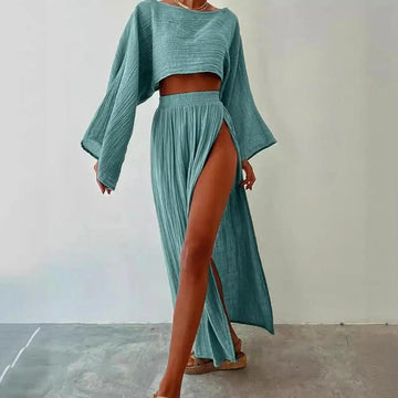 MAX for ME 36 / Vert Clair Ensemble 2 pièces décontracté en coton et lin pour femme, haut court à col rond, taille haute, jupe fendue, tenue d'été,