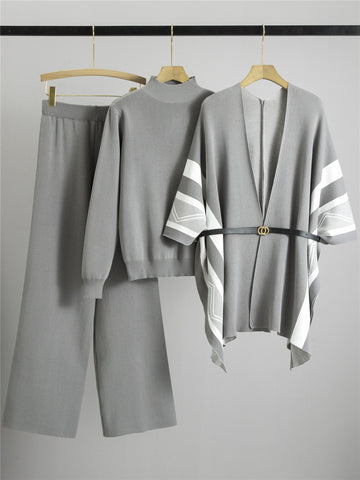 Ensemble femme 3 pièces - poncho maille, pull col roulé et pantalon large style sophistiqué