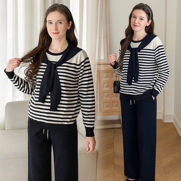 Ensemble col lavallière pull rayé pantalon large élégance intemporelle - sophistication française - MAX FOR ME